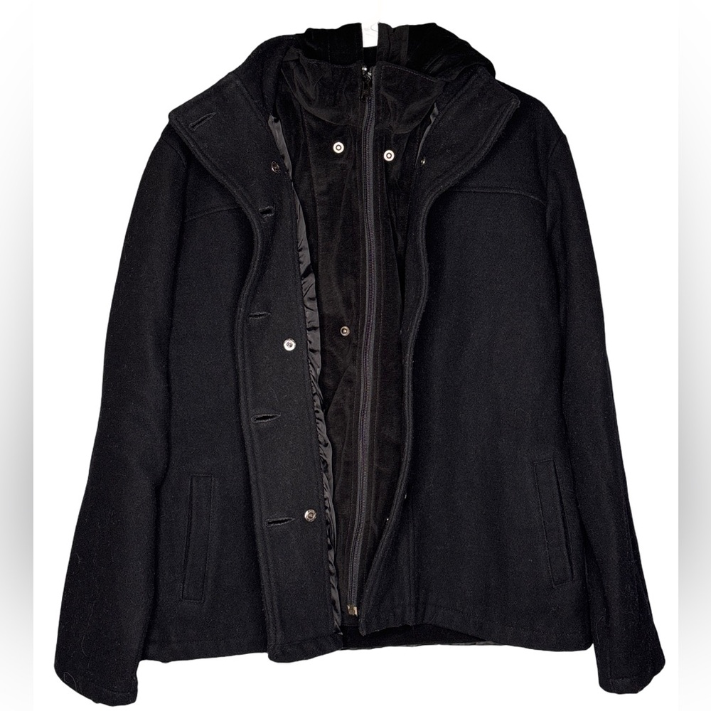 Men’s  Black Pea Coat with detachable Hooded Vest 36/XXL